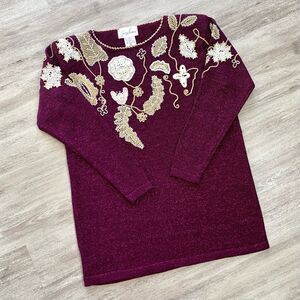 Vintage 80s Jaclyn Smith Floral Embroidered Gold Metallic Knit Sweater